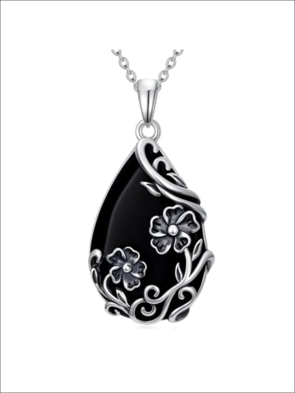 HPQQ Black Onyx Necklace 925 Sterling Silver Peony Pendant Gifts for Women